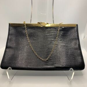 Vintage Etra Black and Brass Chain Croc Embossed Leather Purse